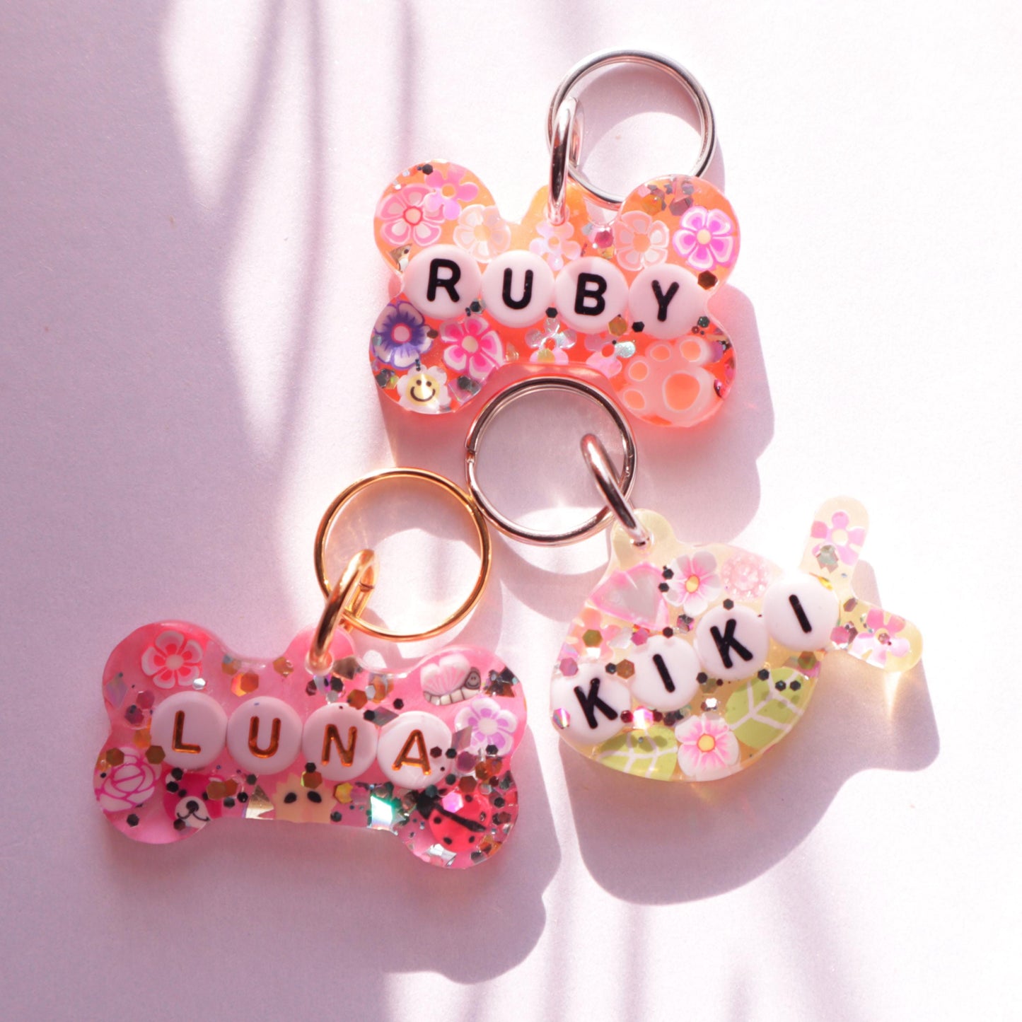 Custom Sparkle Resin Pet Tag with Letter Beads