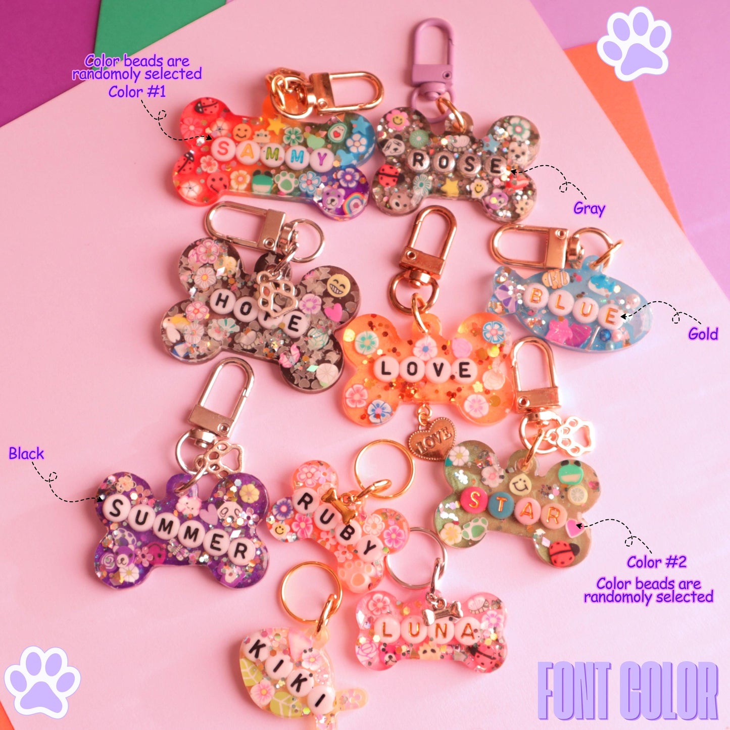 Custom Sparkle Resin Pet Tag with Letter Beads