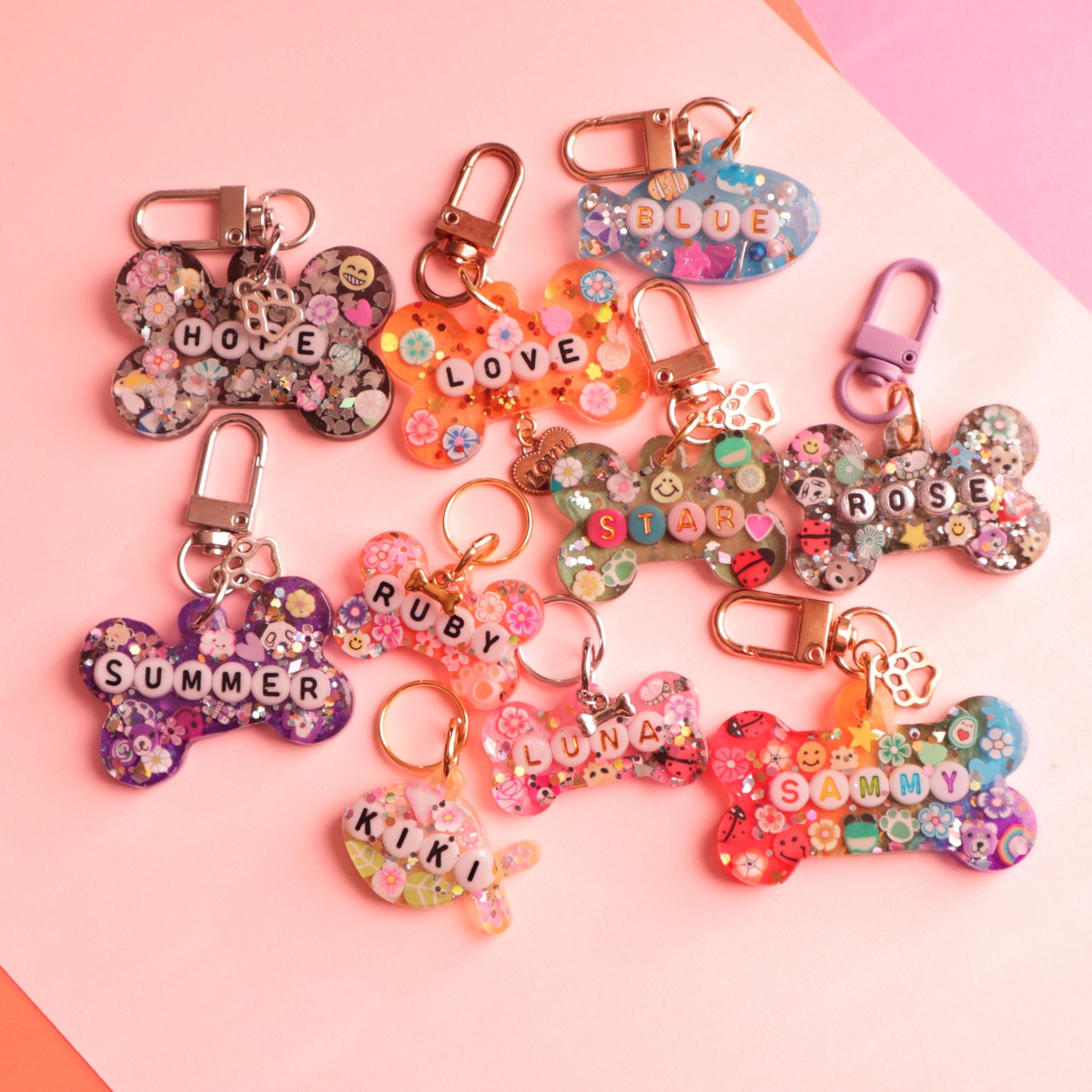 Custom Sparkle Resin Pet Tag with Letter Beads
